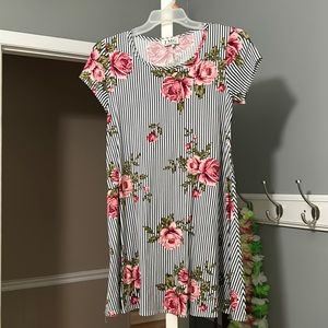 TMG dress, navy and white striped with pink rose designs, Women’s size Medium